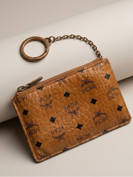 MCM Cognac Visetos Zip Card Holder Keychain Wallet